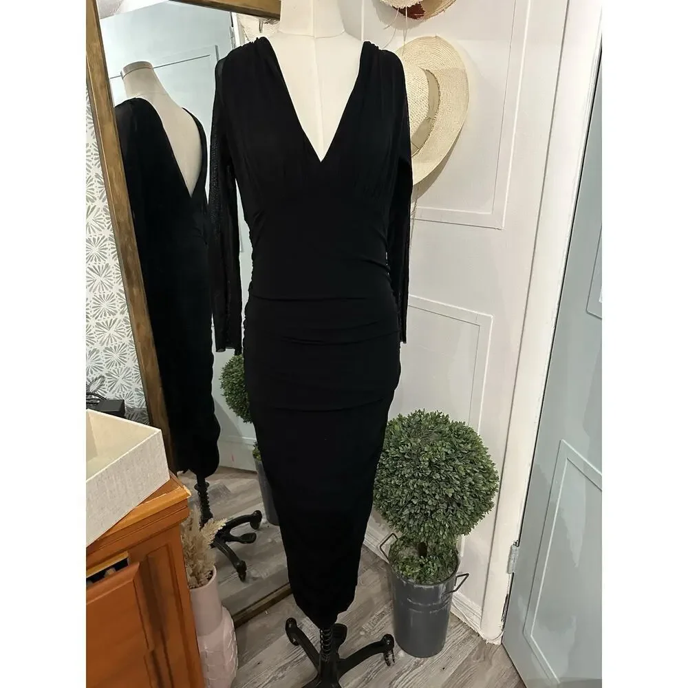 FUZZI Jean Paul Gaultier Mesh V-neck Long Sleeve Ruched Midi Dress - Picture 4 of 7